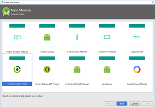 「Create New Module」ダイアログボックスで「Import Gradle Project」をクリックする